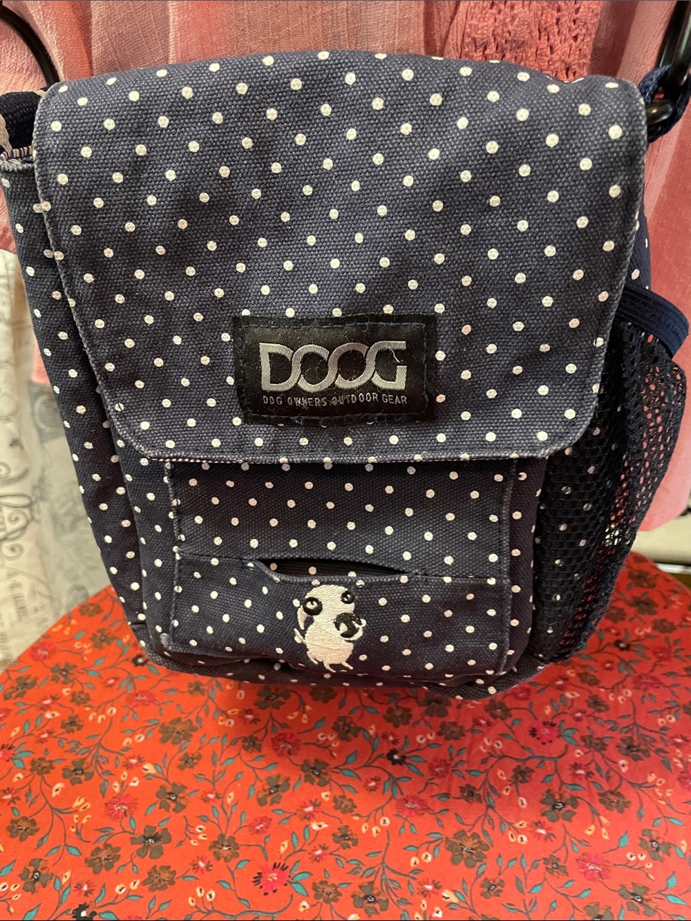 DOOG Navy  Polka Dot Walkie Crossbody Bag for Walking your pet .
